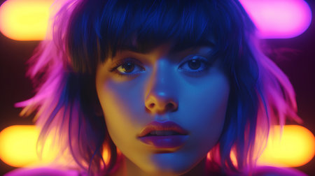 Portrait of a beautiful young woman with blue hair and neon lights.の素材
