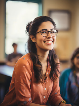Portrait of smiling businesswoman with eyeglasses in creative officeの素材