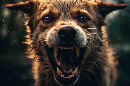 Portrait of a happy dog with open mouth in the rain.の素材