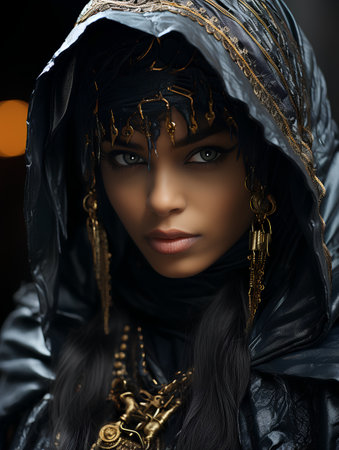 Portrait of a beautiful young woman in a black hood. Halloween theme.の素材