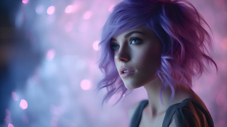 3d rendering of a beautiful girl with purple hair and blue eyesの素材
