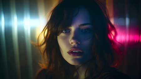 Portrait of a beautiful young woman in neon light. Beauty, fashion.の素材