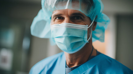 Portrait of a male surgeon at work in operating theater toned in blueの素材