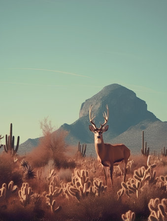 Wild buck in the meadow with cacti and mountains.の素材