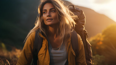 Beautiful young woman hiking in the mountains. Hiking concept.の素材