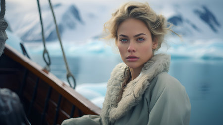 Portrait of a beautiful young woman in winter clothes on the background of icebergsの素材