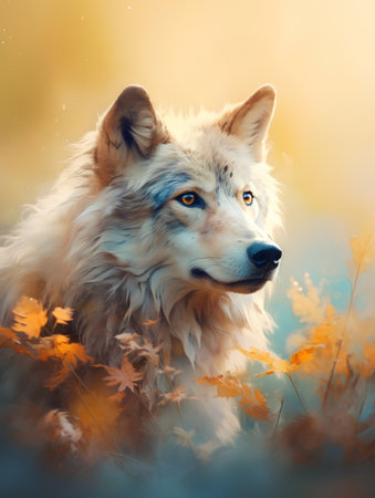 Portrait of a wolf in the autumn forest. Digital painting.の素材