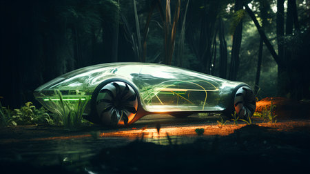 3D rendering of a futuristic car in the forest. Concept of future.の素材