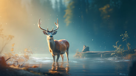 Deer in the misty forest at sunset. 3d renderの素材