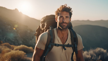 Handsome young man with a beard is hiking in the mountains.の素材