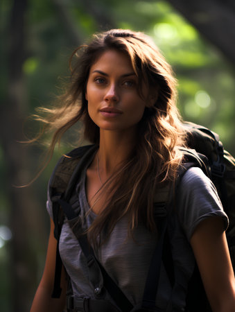 Portrait of a beautiful young woman with backpack in the forest.の素材