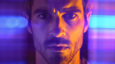 Close-up portrait of a young handsome man in neon light.の素材