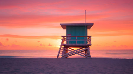 Lifeguard Tower on the beach at sunset. 3D Renderingの素材