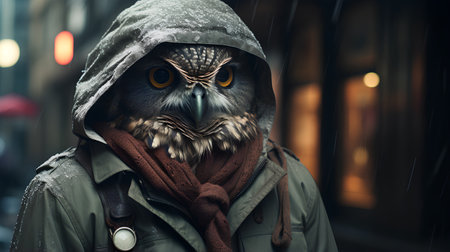 Owl in a hooded jacket and scarf on the street.の素材