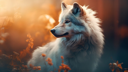 Portrait of a Samoyed dog in the autumn forest.の素材