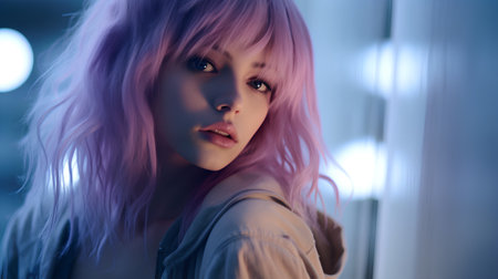 Portrait of a beautiful girl with pink hair in a light roomの素材