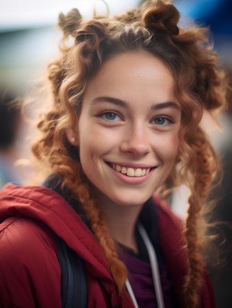 Portrait of a beautiful girl with curly hair in a red jacketの素材