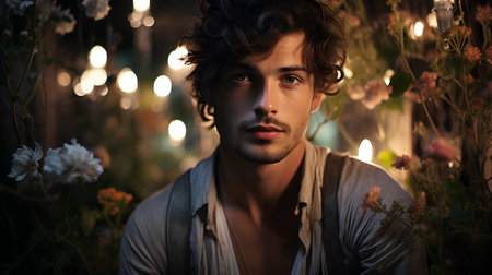 Portrait of a handsome young man in a dark room with flowers.の素材