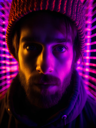 Portrait of a man with a beard in a hat in ultraviolet light.の素材