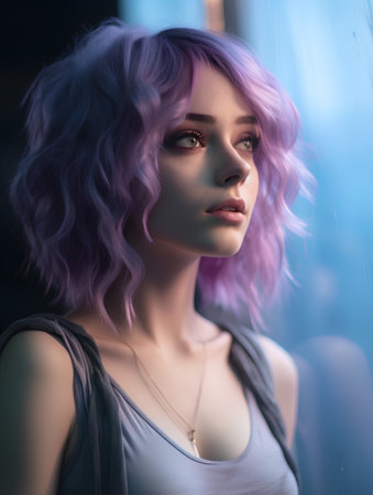 Portrait of a beautiful girl with purple hair. Fashion photo.の素材