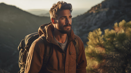 Handsome young man with a beard and mustache is hiking in the mountains at sunset.の素材