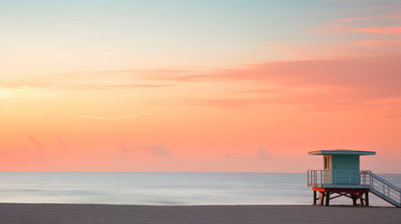 Sunset on the beach with lifeguard tower, Florida, USAの素材