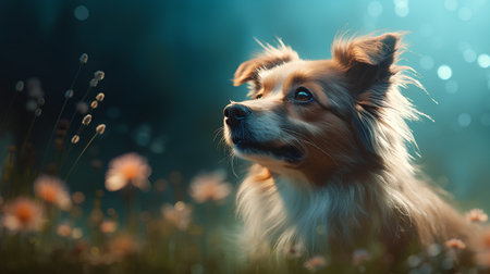 Portrait of a dog on a background of grass and flowers.の素材