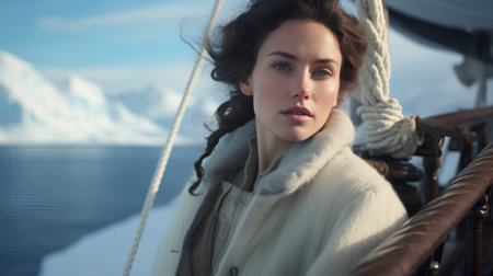 Beautiful young woman in a fur coat on the deck of a yachtの素材