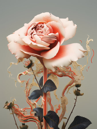 3d illustration, pink rose with an ornament on a gray backgroundの素材