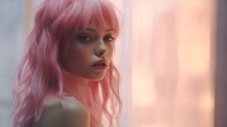 Portrait of a beautiful girl with pink hair in the studio.の素材
