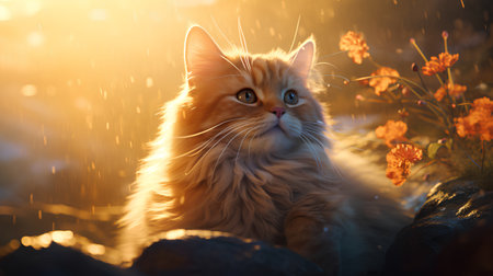 Beautiful ginger maine coon cat sitting on a stone in the rays of the setting sun.の素材
