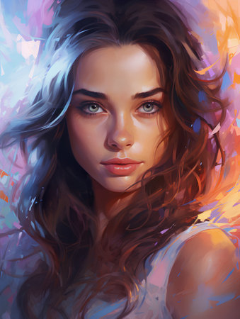 Portrait of a beautiful young woman with long curly hair. Vector illustration.の素材
