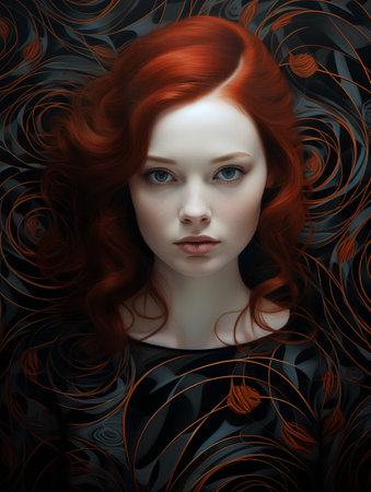 Beautiful red-haired girl with long curly hair. Artistic portrait.の素材