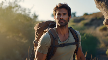 Handsome young man with backpack looking away while hiking in natureの素材