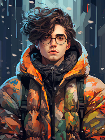 Handsome young man in a winter jacket and glasses. Vector illustration.の素材