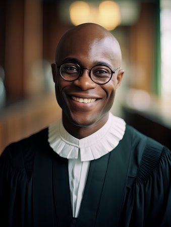 Portrait of a smiling young male priest in a suit and glassesの素材