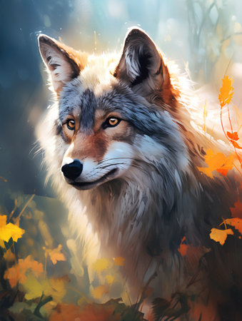 Portrait of a fox in the autumn forest. Digital painting.の素材