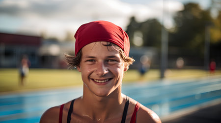 Portrait of a smiling young man in a red cap and swimming trunks at the swimming poolの素材