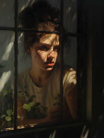 Sad young woman looking through the window. Sadness and depression concept.の素材