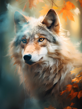 Portrait of a wolf in the autumn forest. Autumn background.の素材