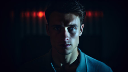 Portrait of a handsome young man in a dark room. Men's beauty, fashion.の素材