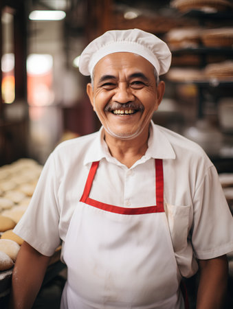 Portrait of a senior Asian baker smiling at the camera in a bakeryの素材