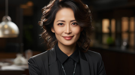 Portrait of happy smiling young businesswoman in office, looking at camera.の素材