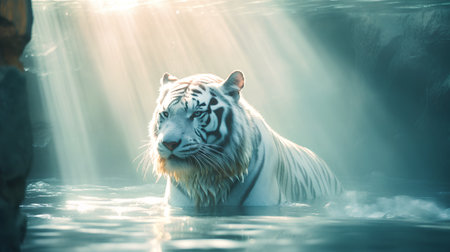 Beautiful white tiger in the water. Tinted photo.の素材
