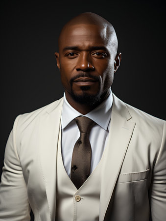 Portrait of a serious African-American man in a white suit.の素材