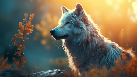 White wolf in the meadow at sunset. Portrait of a wolf.の素材
