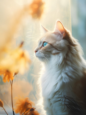 Beautiful white cat with blue eyes on a background of yellow flowersの素材