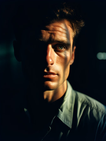 Portrait of a handsome man in the dark. Men's beauty, fashion.の素材