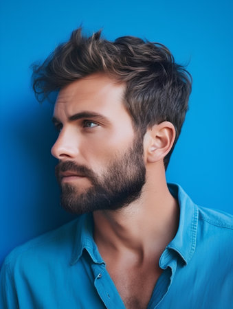 Portrait of a handsome young man with beard over blue background.の素材