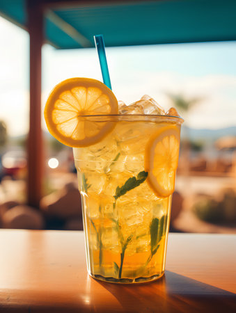 Lemonade with ice and mint in a glass on a wooden tableの素材